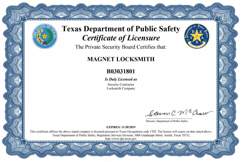 Professional Locksmith Houston - About Us with Certificate of Licensure